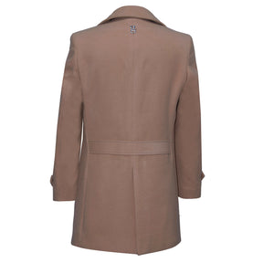 Beige double-breasted coat with wide lapels.