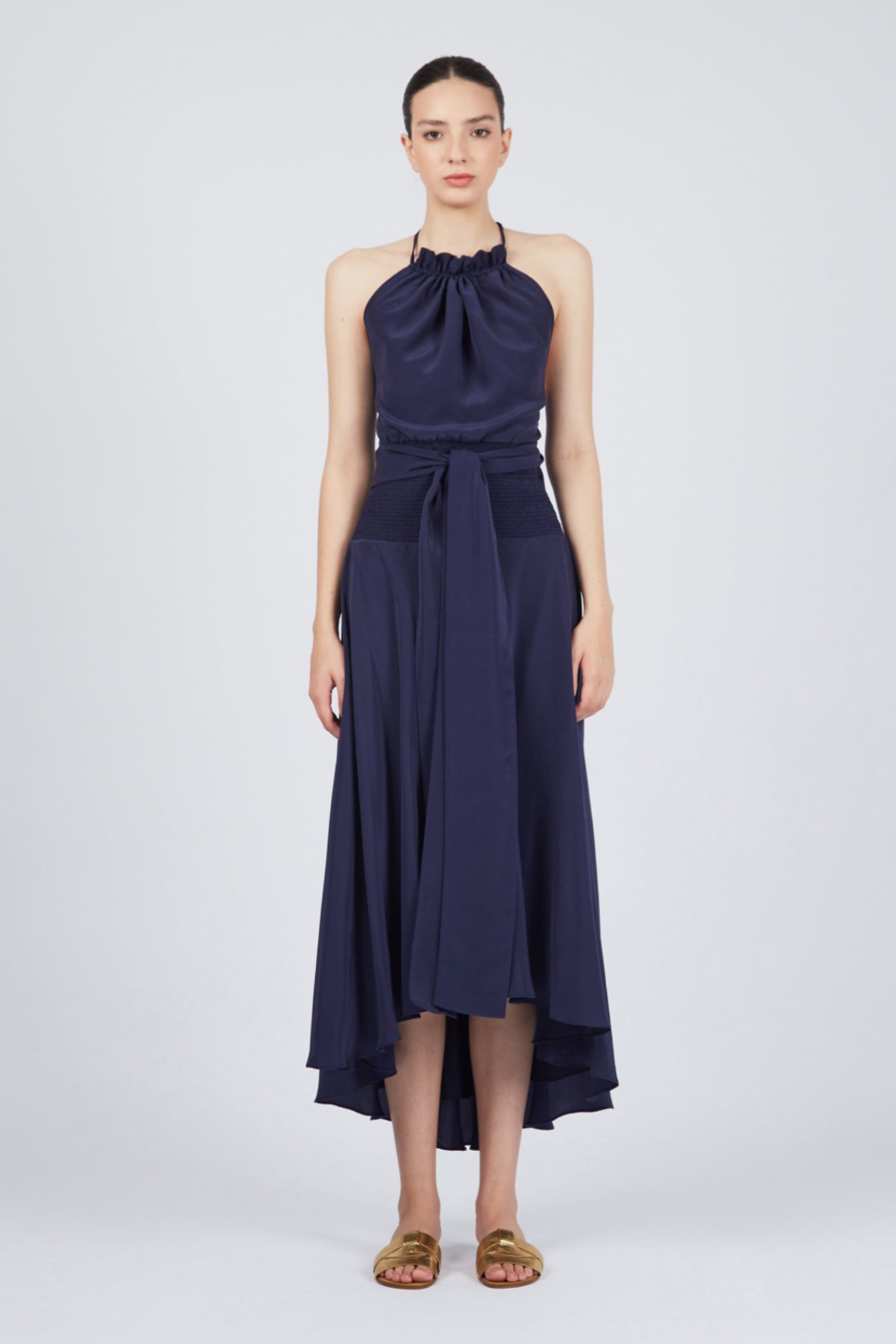 Zenia Halter Neck Silk Dress | Navy