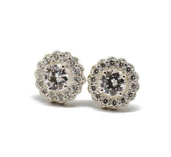 Round Elegant Silver Halo Stud Earrings