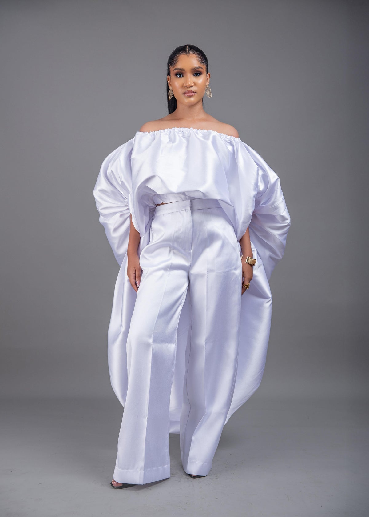 2- piece Kese white cape high low and wide leg pant set