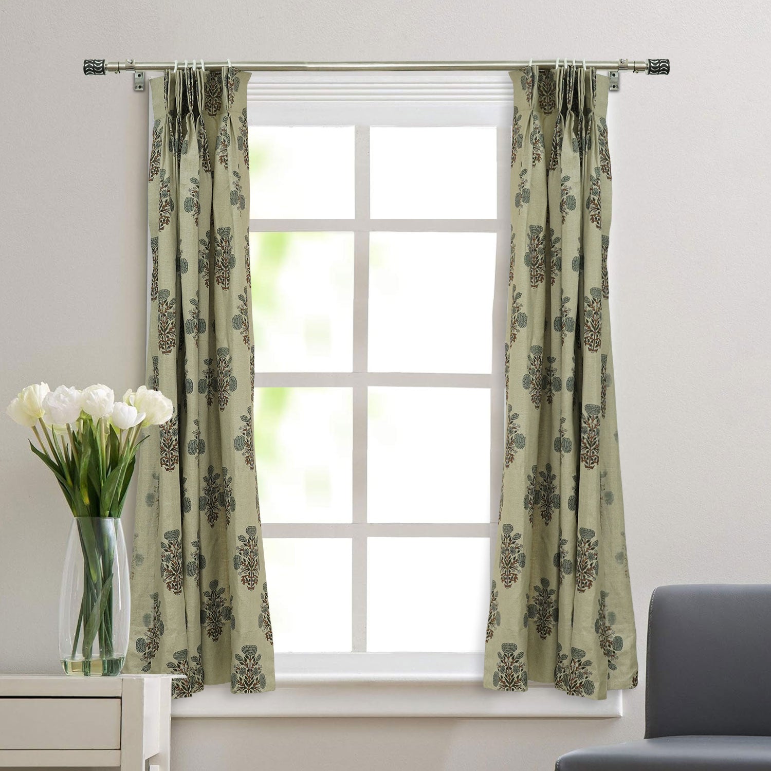 Floral Hand Block Print Pure Linen Pleated Curtain- Swadesh