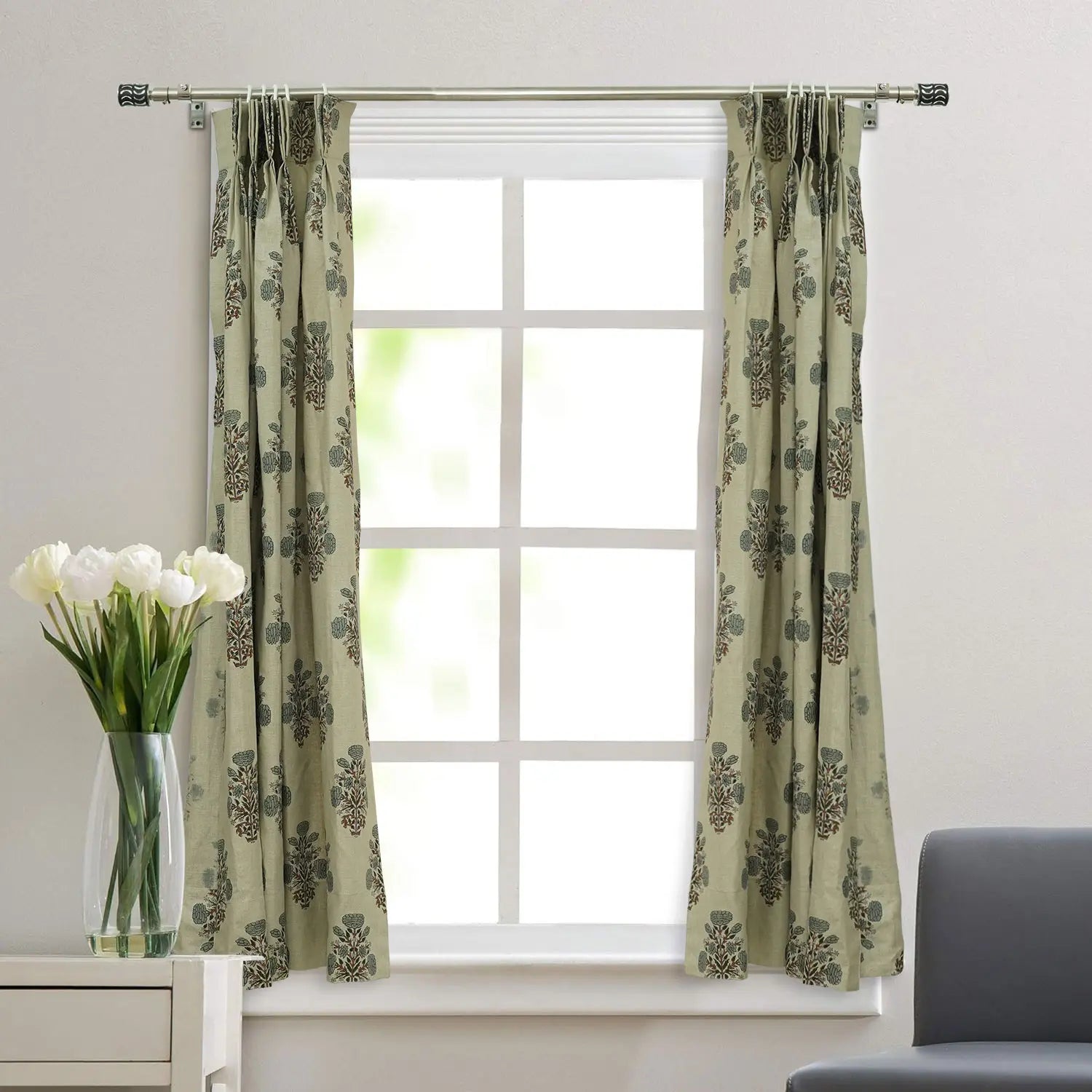 Floral Hand Block Print Pure Linen Pleated Curtain- Swadesh