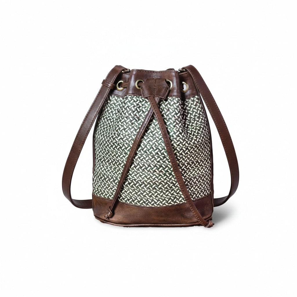 Dark Brown Leather Terra Bag – Handmade Crossbody & Handbag, Timeless Palm Weave Bucket Bag