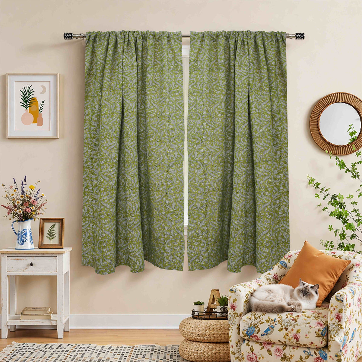 Floral Block Print Rod Pocket Green Pure Linen Curtain  - Black Forest