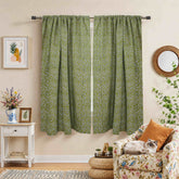 Floral Block Print Rod Pocket Green Pure Linen Curtain  - Black Forest
