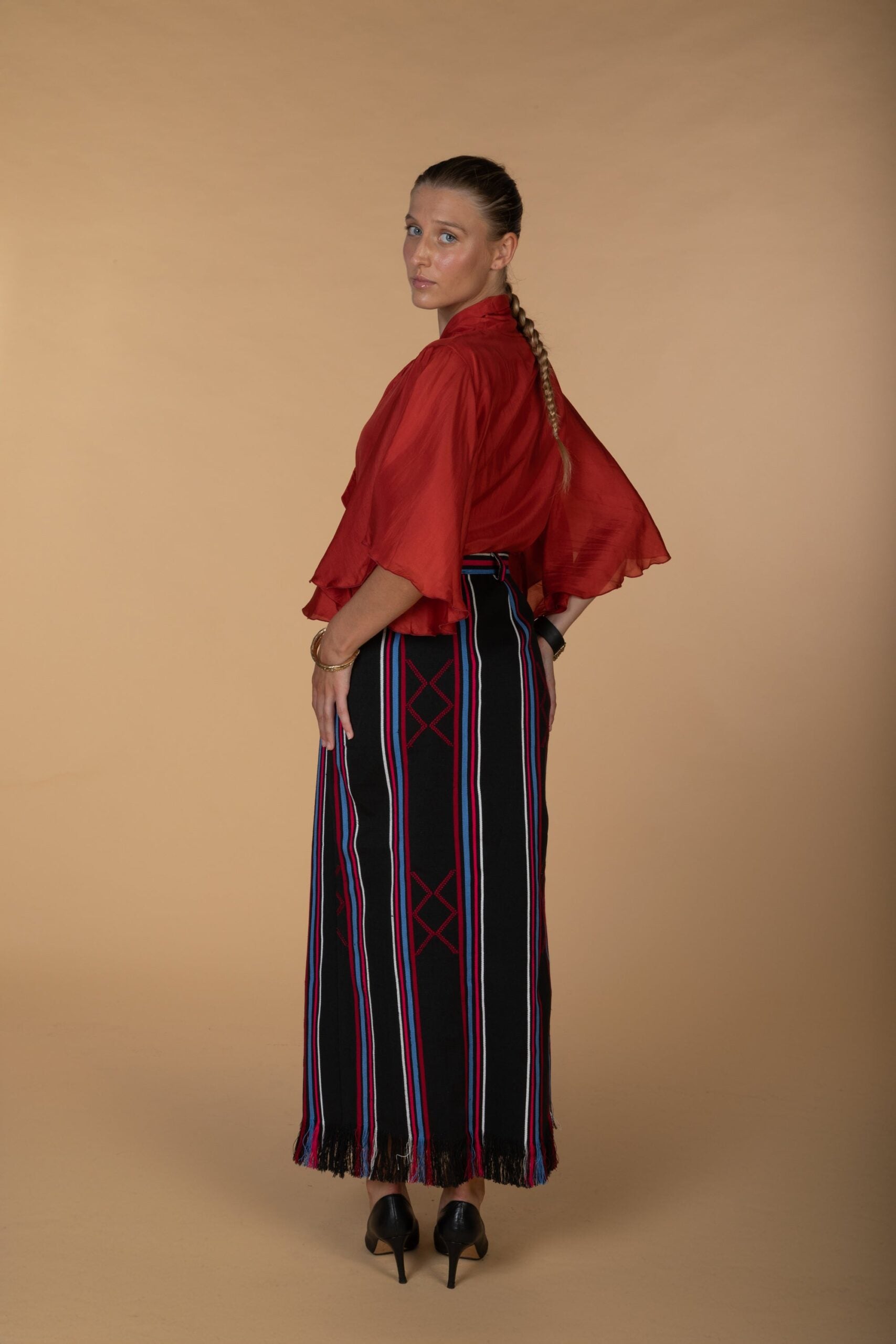 AMINA, Black Kente pencil skirt with front slit