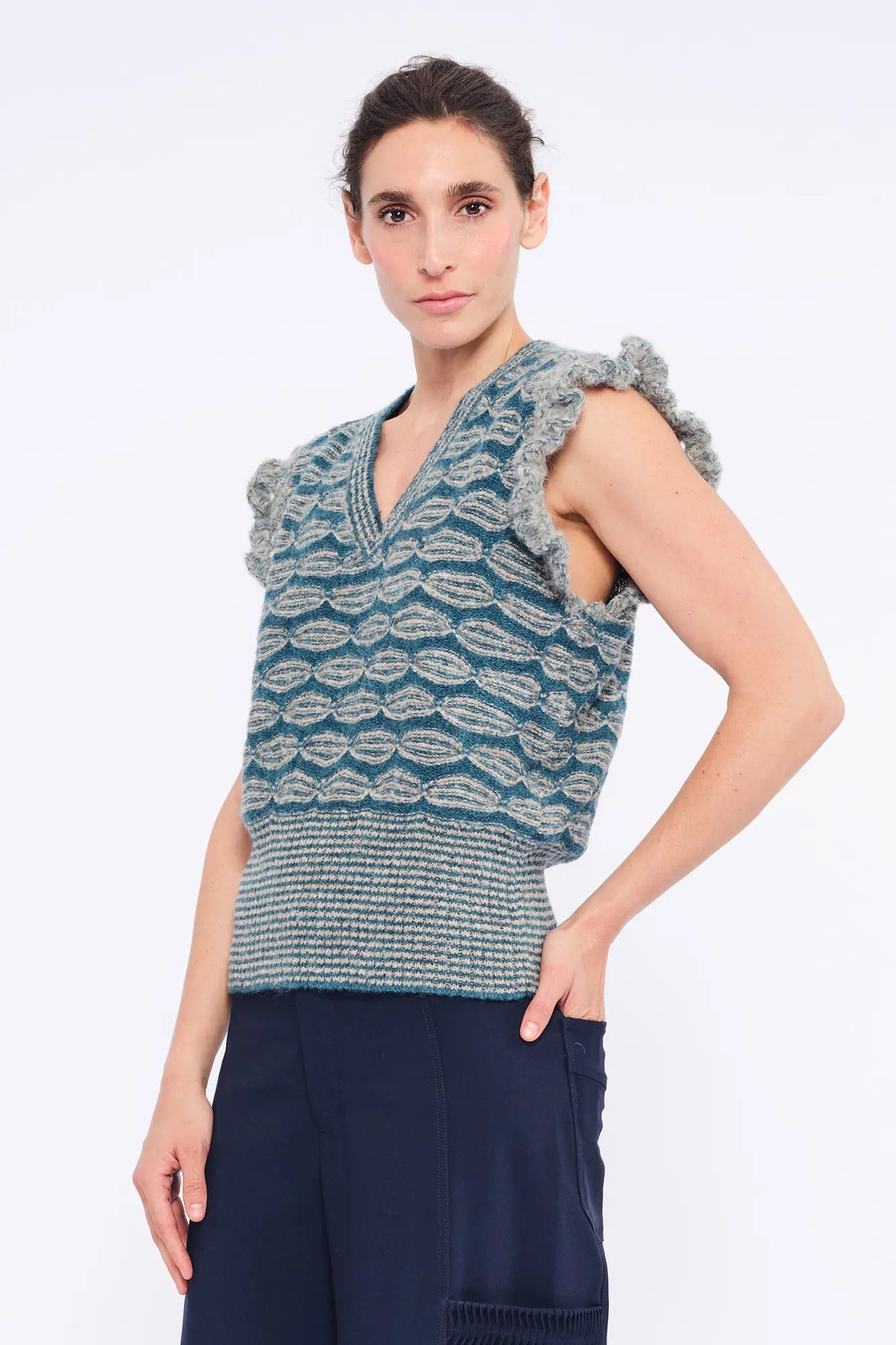 Beca Crochet Sleeve Alpaca Vest | Dark Green Melange