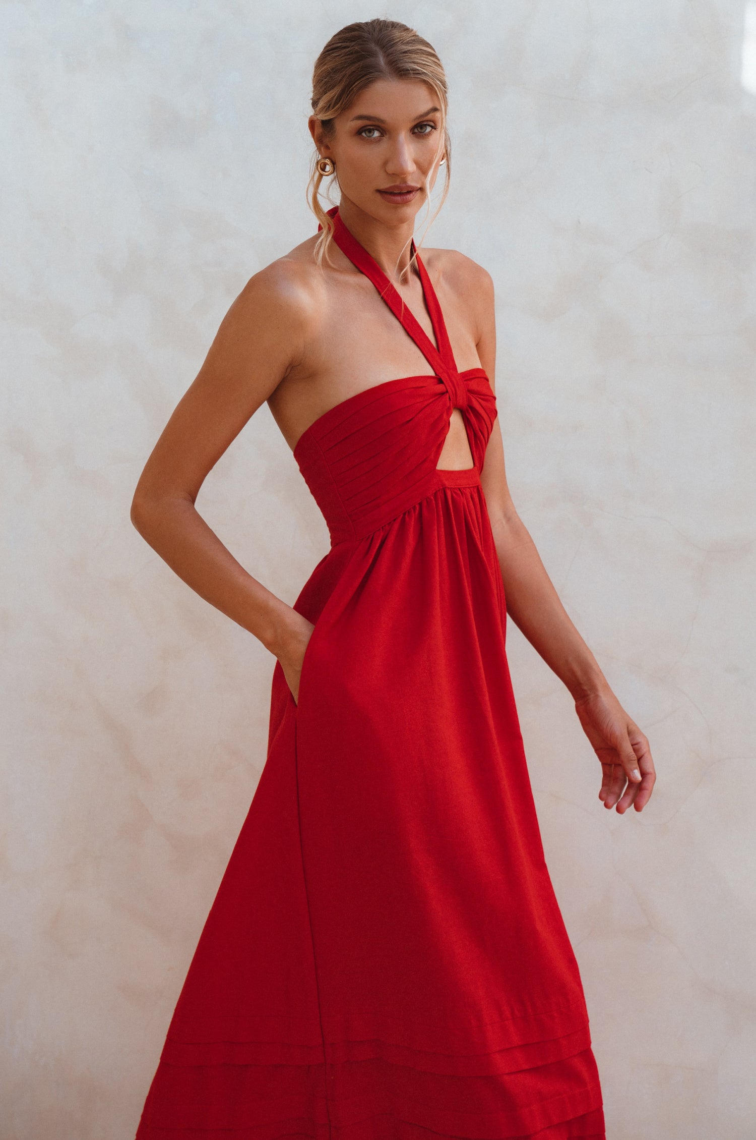 Penelope Halter Linen Maxi Dress - Red