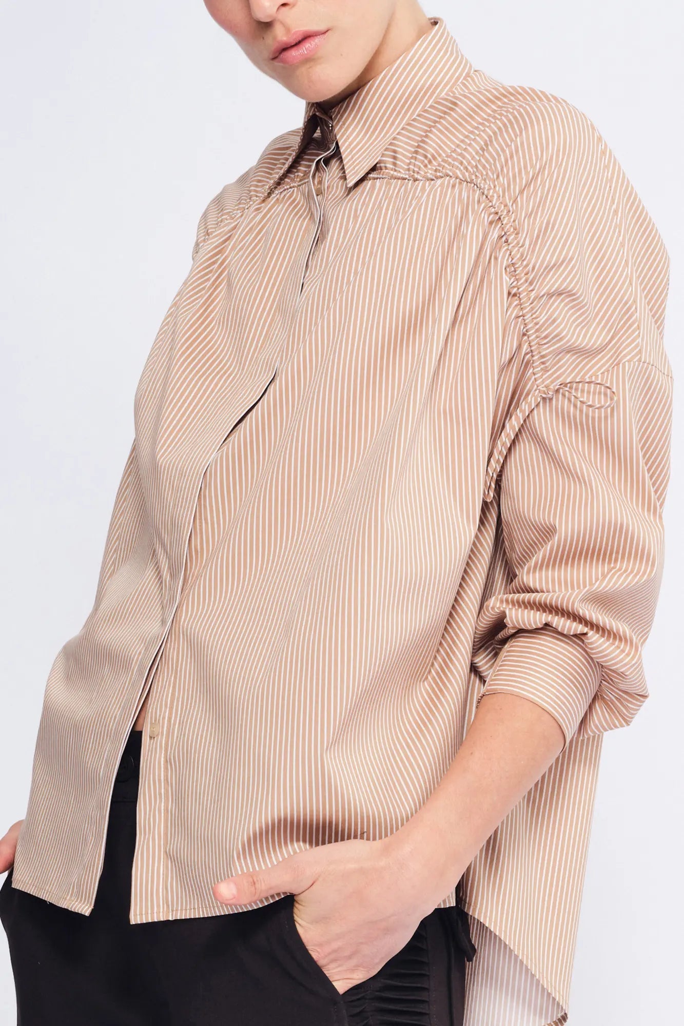 Star Gathered Shoulder Blouse | Striped Camel