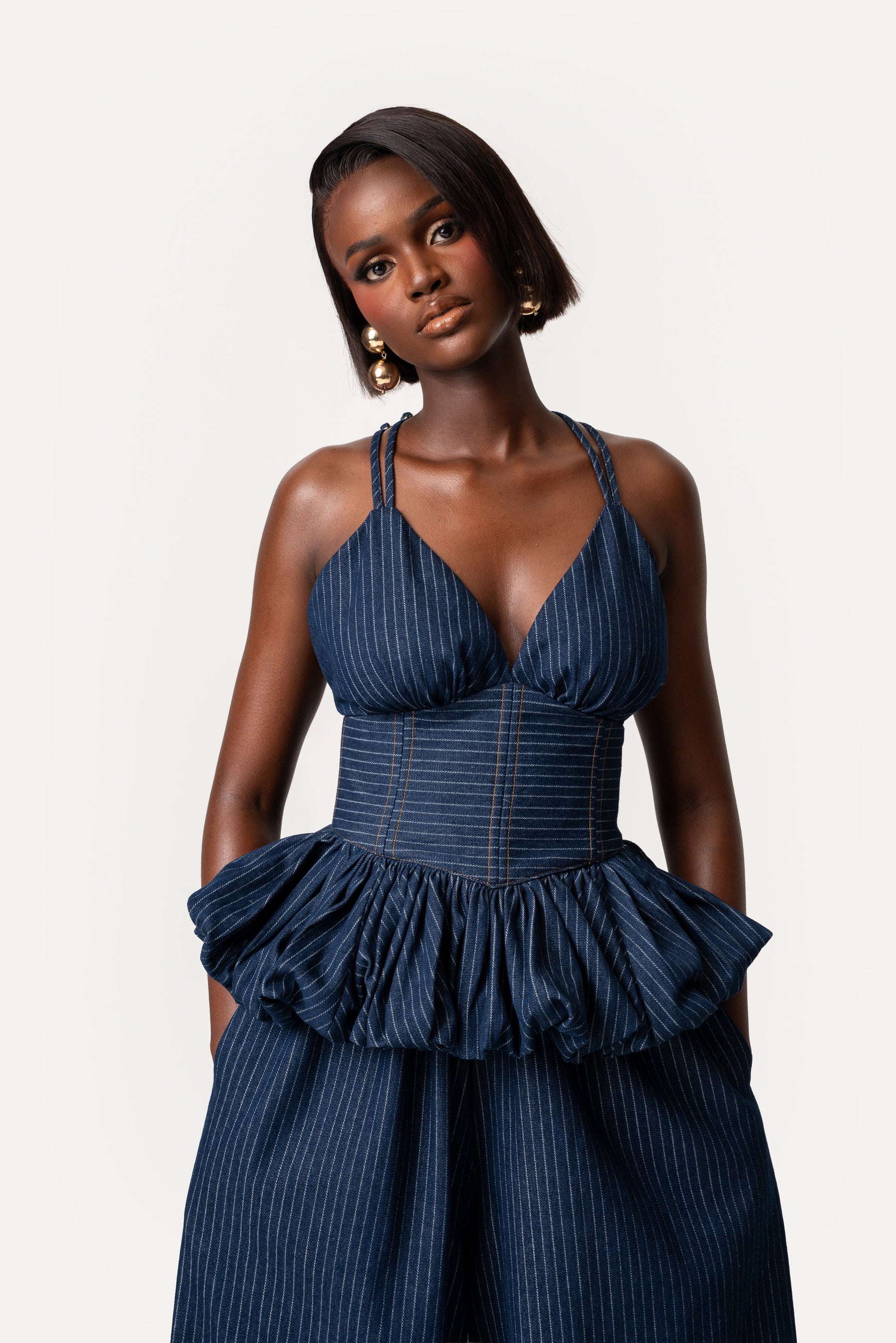 Denim Pinstripe ADELE Peplum Top