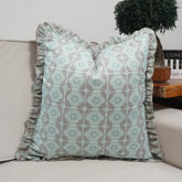 Handmade Peach Block Print Linen Blend Frill Pillow Cover - Jharoka