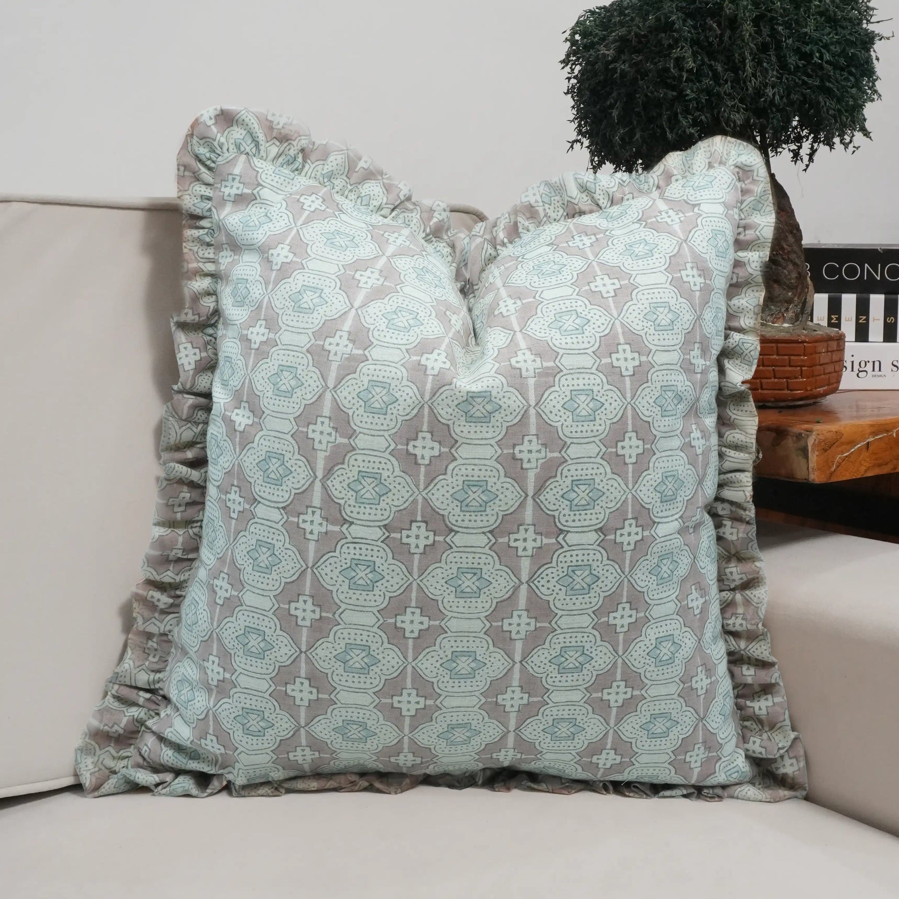 Handmade Peach Block Print Linen Blend Frill Pillow Cover - Jharoka
