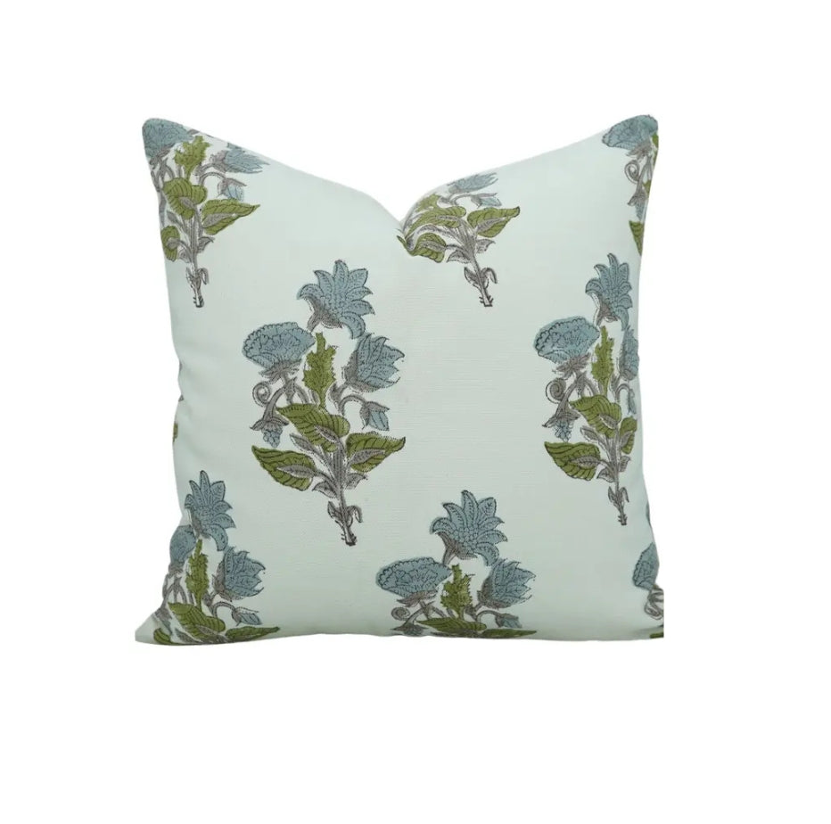 Floral Hand Block Print Boho Thick Cotton White Pillow Cover- Abhishek