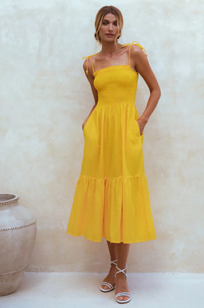 Paradiso Strappy Linen Midi Dress - Sunglow