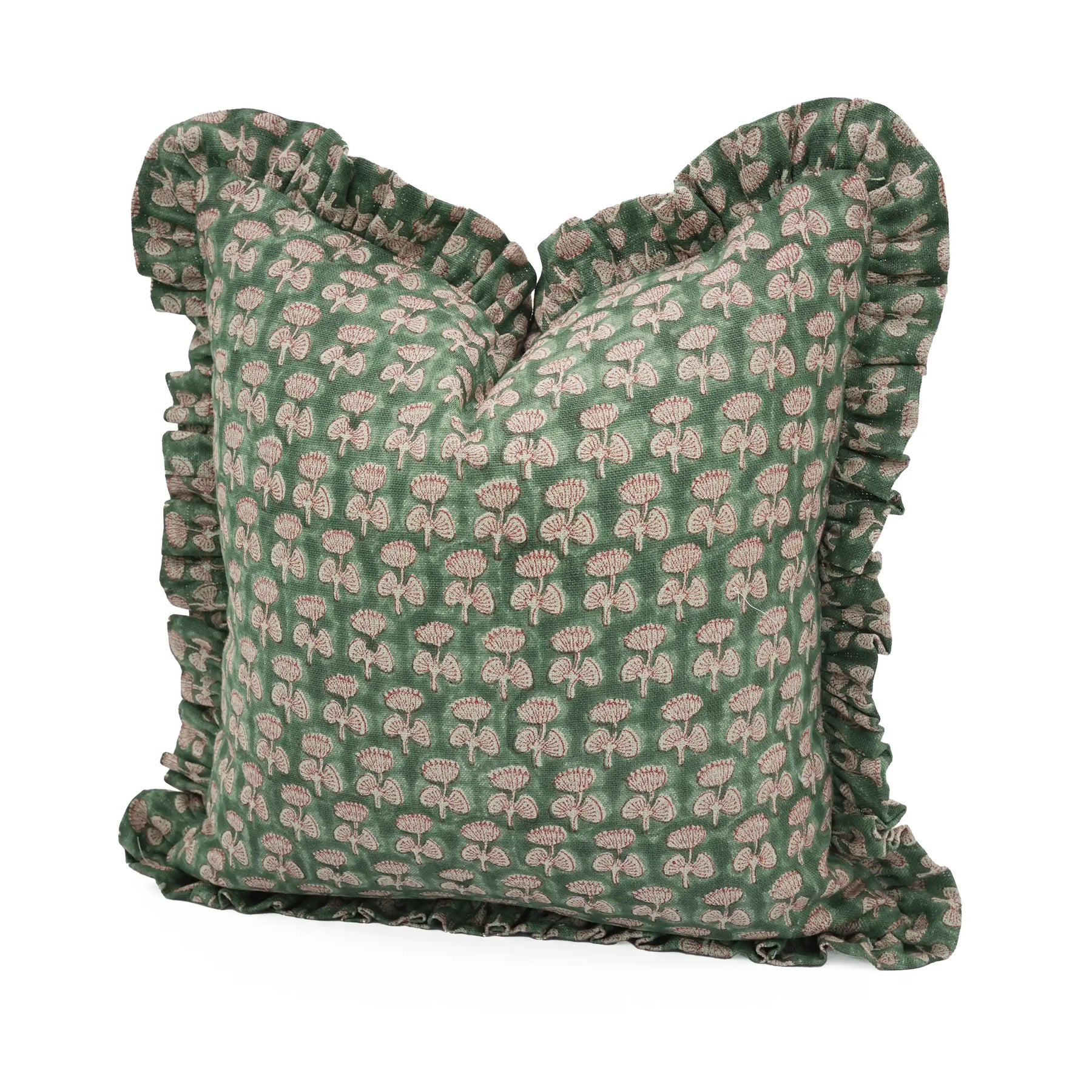 Green Hand Block Printed Thick Linen Frill Pillow Cover - Damru
