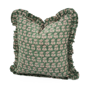 Green Hand Block Printed Thick Linen Frill Pillow Cover - Damru