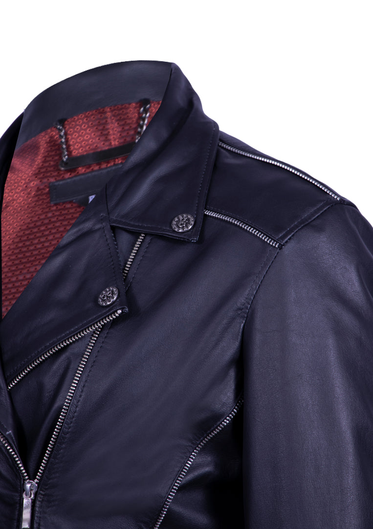 Black Biker-Style Leather Jacket with Bold Zipper Accents