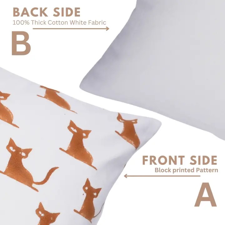 Unique Hand-Carved  Block Print Thick Cotton White Pillow Cover  - Cat