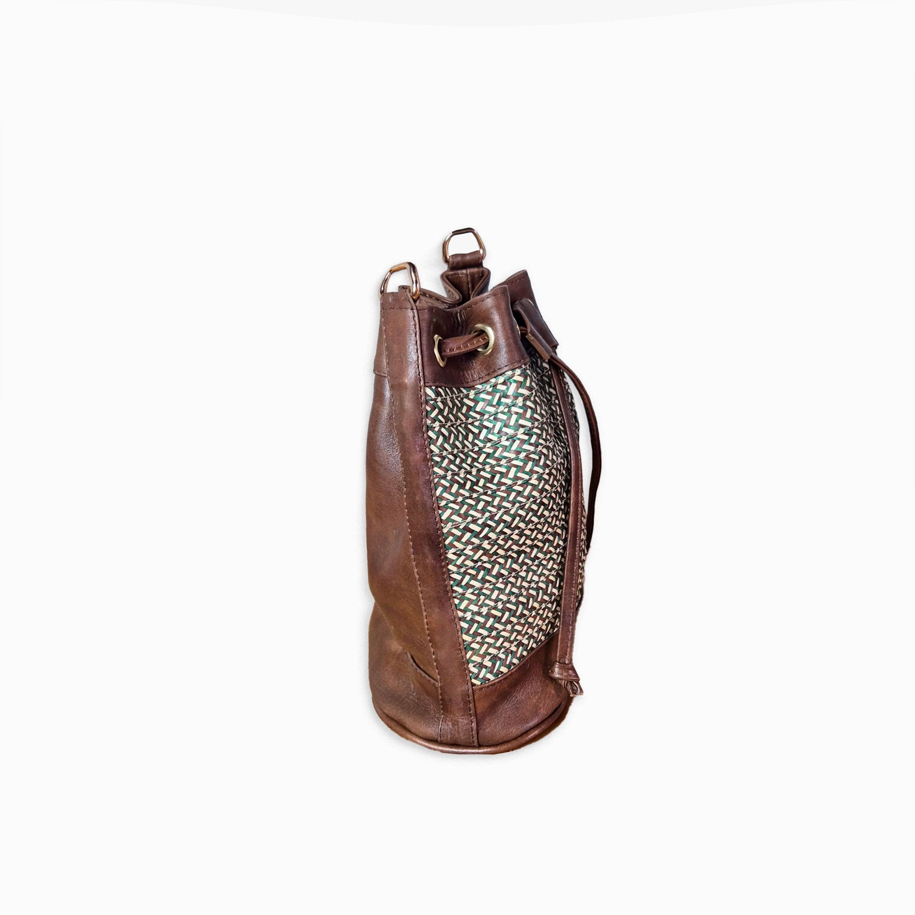 Dark Brown Leather Terra Bag – Handmade Crossbody & Handbag, Timeless Palm Weave Bucket Bag