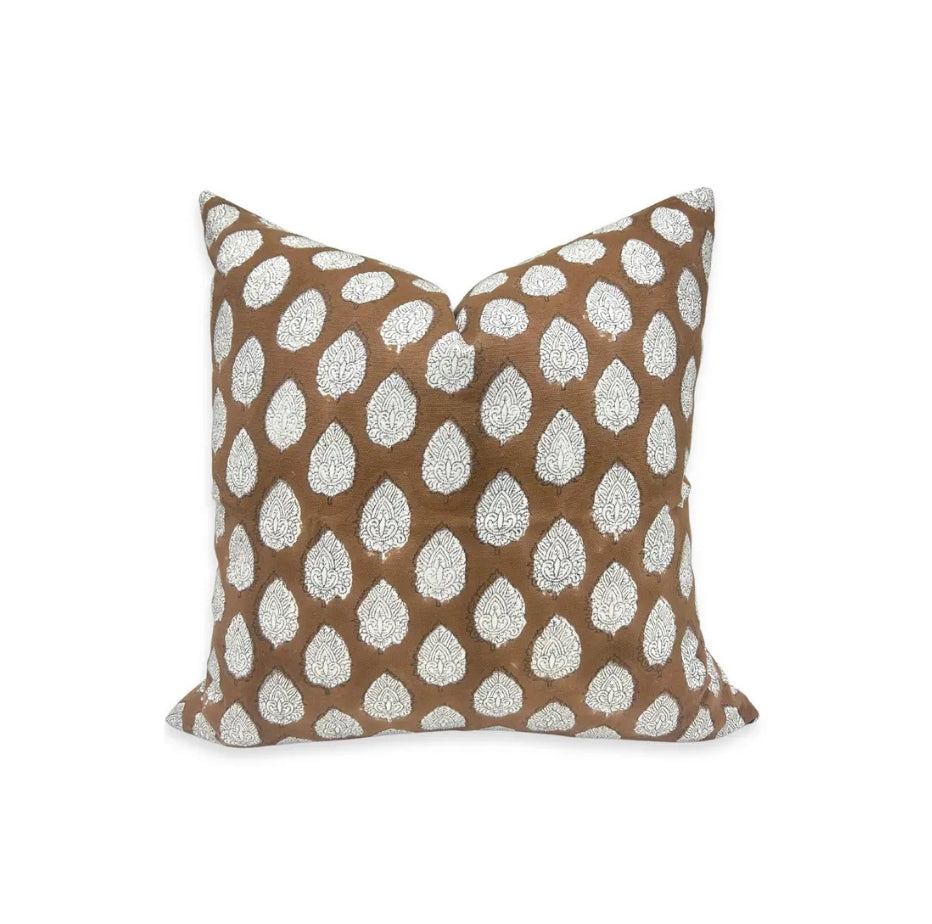 Bohemian Handcarfted  Block PrintThick Cotton White Cushion Cover-Betal Leaf