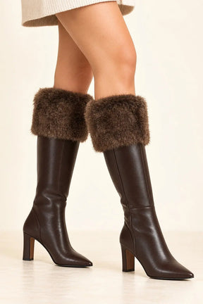 Dark Brown Leather Knee-High Boots with Fur Cuffs