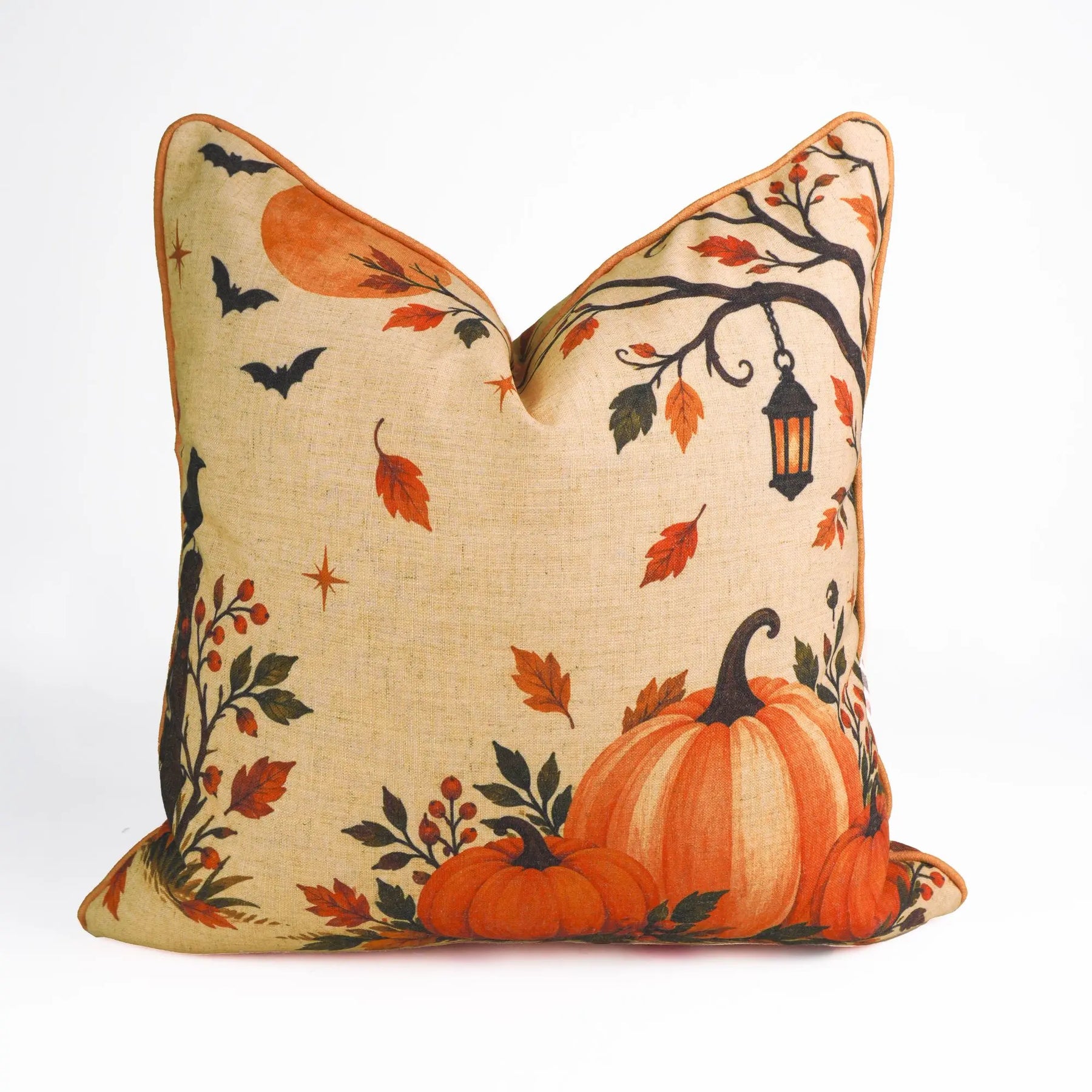 Autumn Viscose Linen Pillow Cover with Piping for Halloween