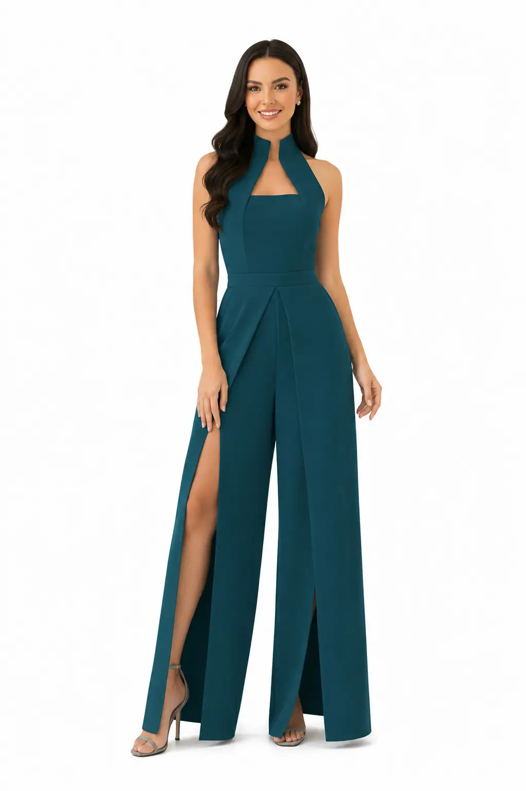 Teal High-collar Slit-leg Jumpsuit