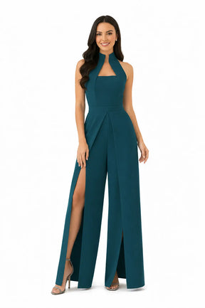 Teal High-collar Slit-leg Jumpsuit