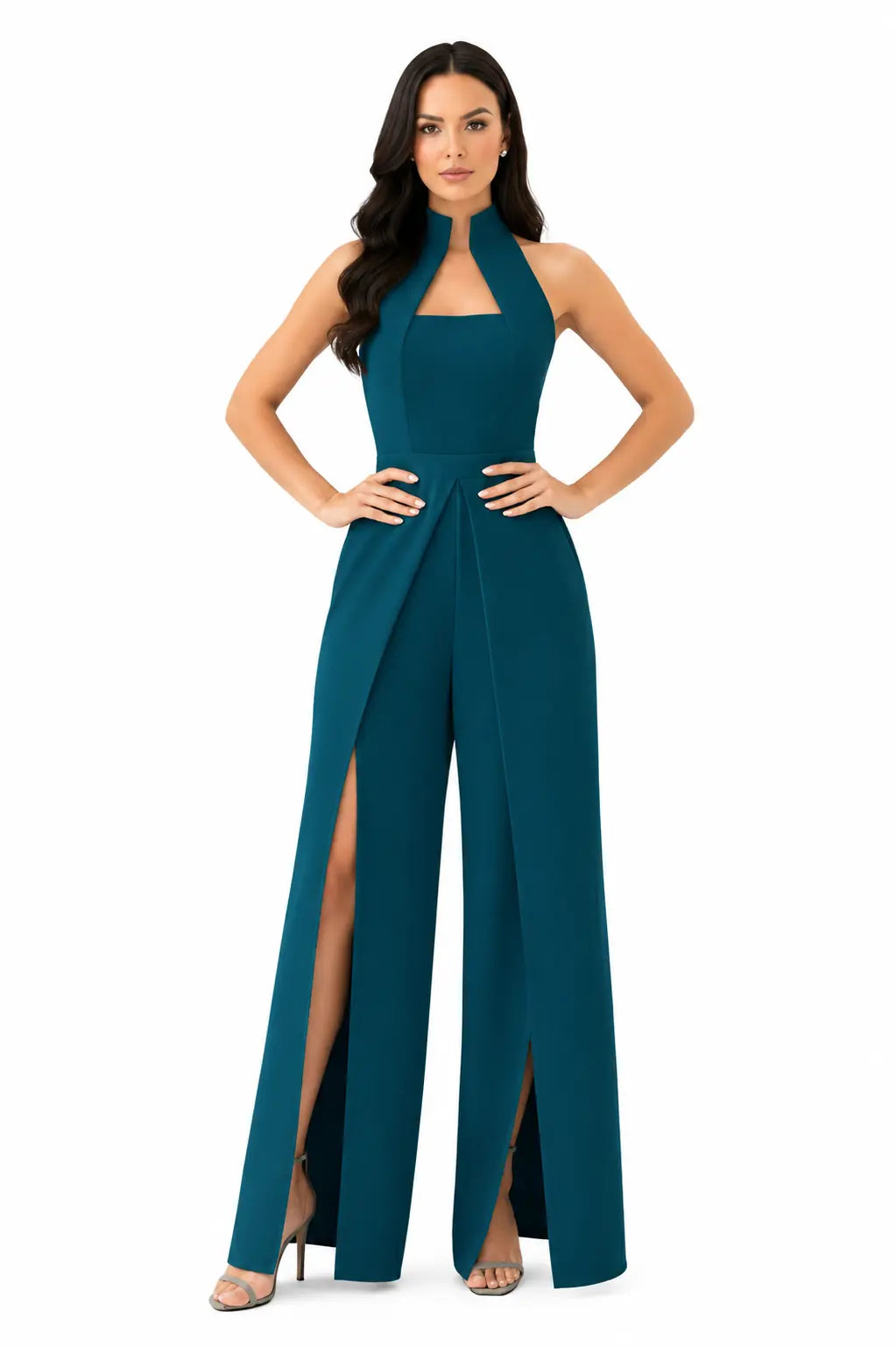 Teal High-collar Slit-leg Jumpsuit