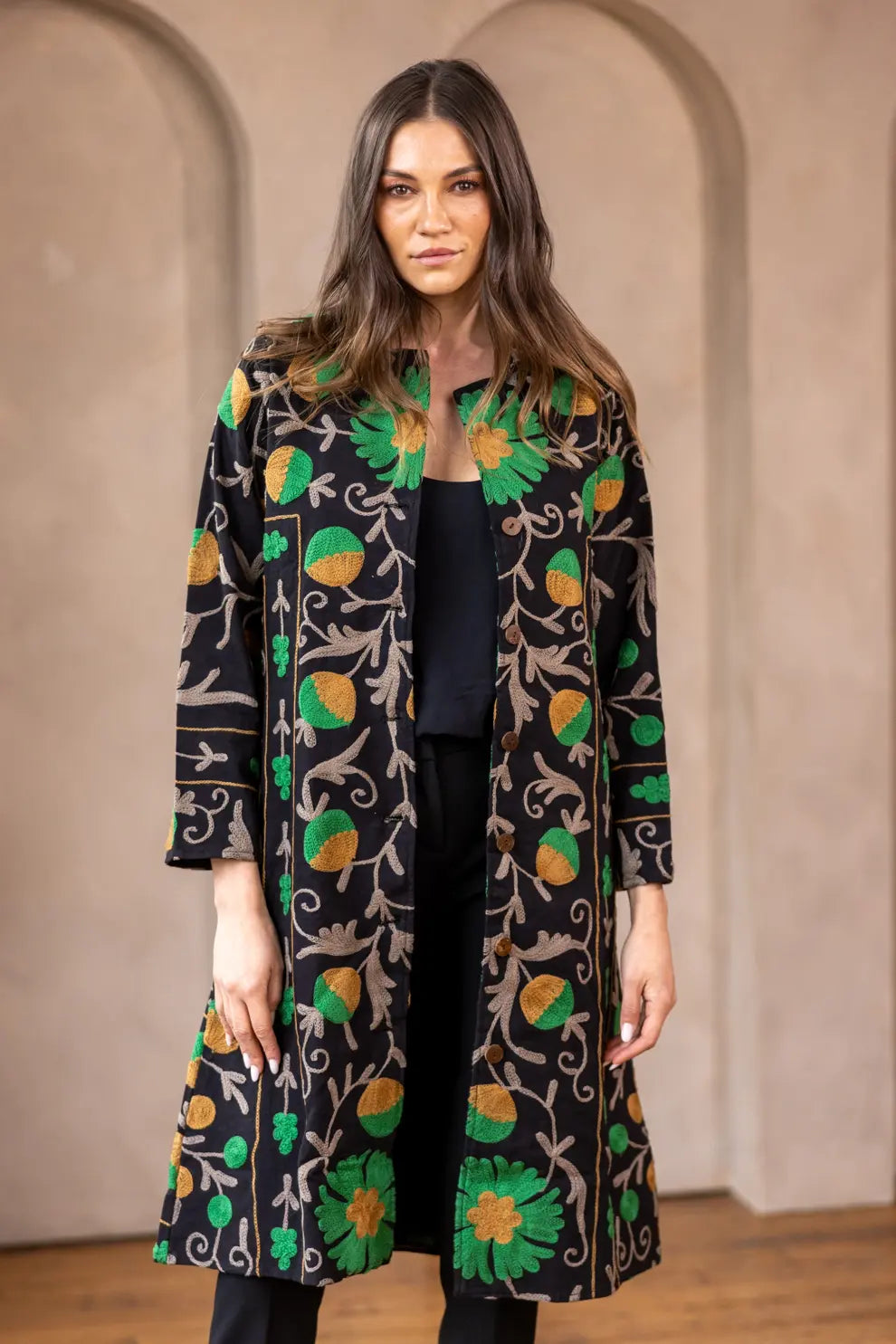 Malika Coats - Black with Green Embroidery
