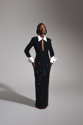 KALI Keyhole Sequin Maxi Dress in ONYX