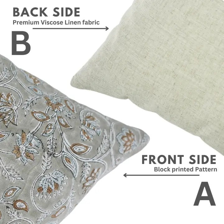 Indian Hand Block Printed Viscose Linen Pillow Cover- Saraswati