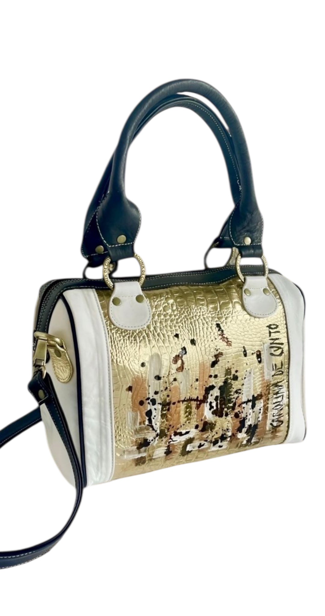 Kanda Luxury Handpainted Leather Handbag in Black, White & Gold