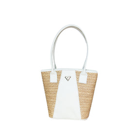 Beige Leather Tetra Tote – Handmade Medium Shoulder Bag with Palm Weave, Classic Leather Purse