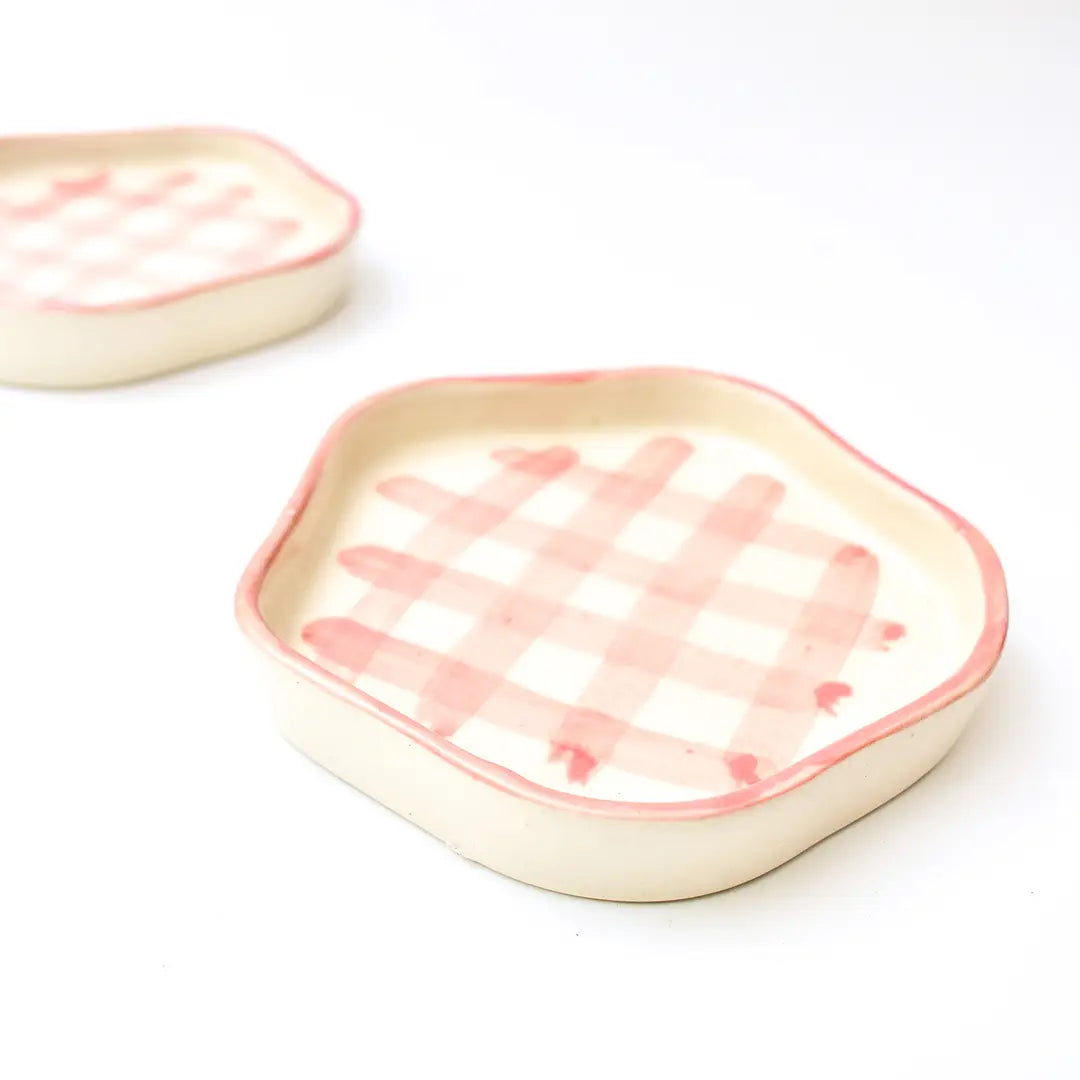 Ceramic Gingham Coasters - Pink Checkered , 4.7 Inches