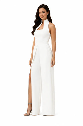 Ivory High-collar Slit-leg Jumpsuit