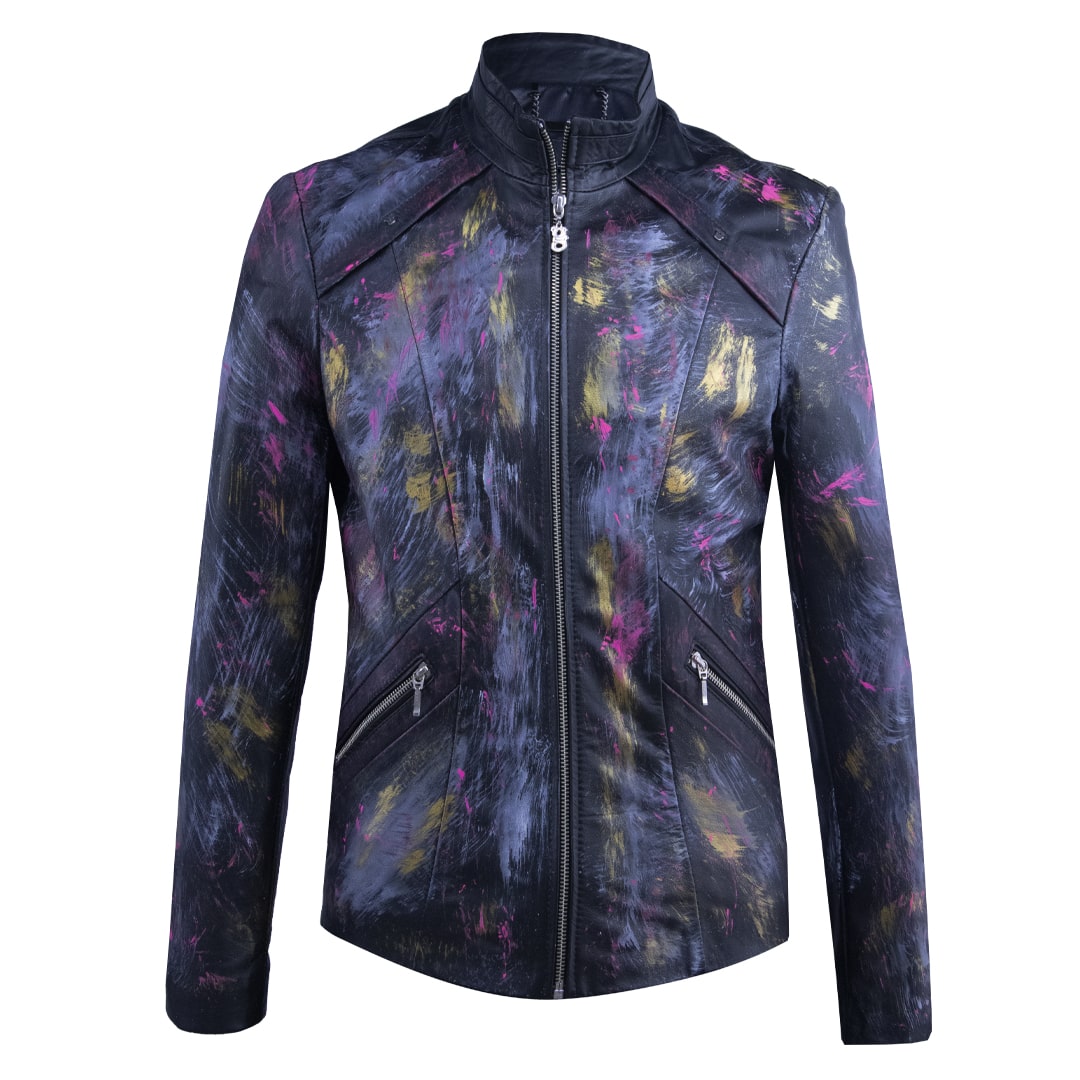 Black leather jacket with paint splatter details