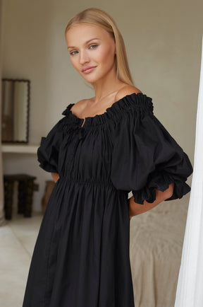 Vacay Off Shoulder Cotton Mini Dress - Black