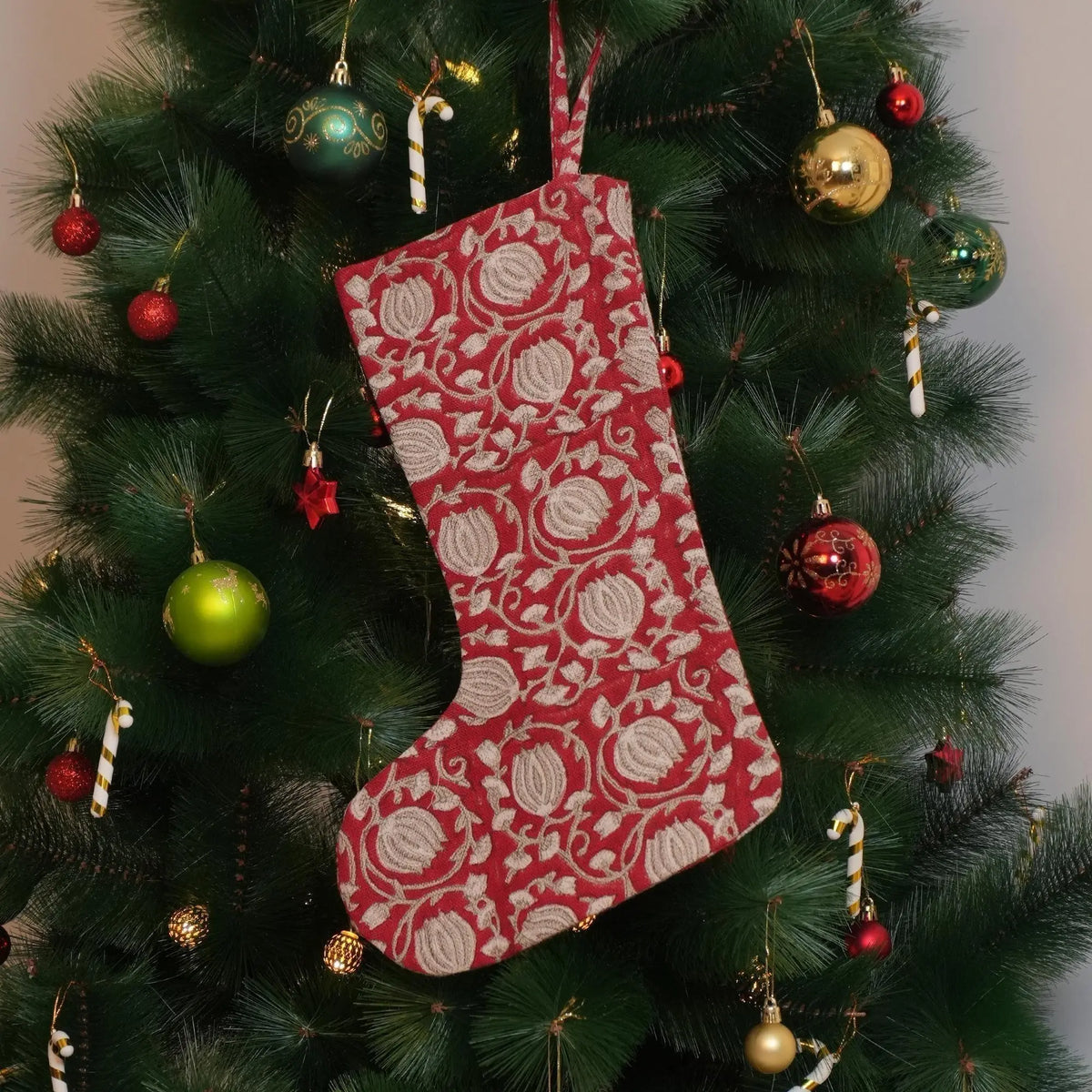 Floral Block Printed Linen Christmas Tree Stocking  - 6 Kamal