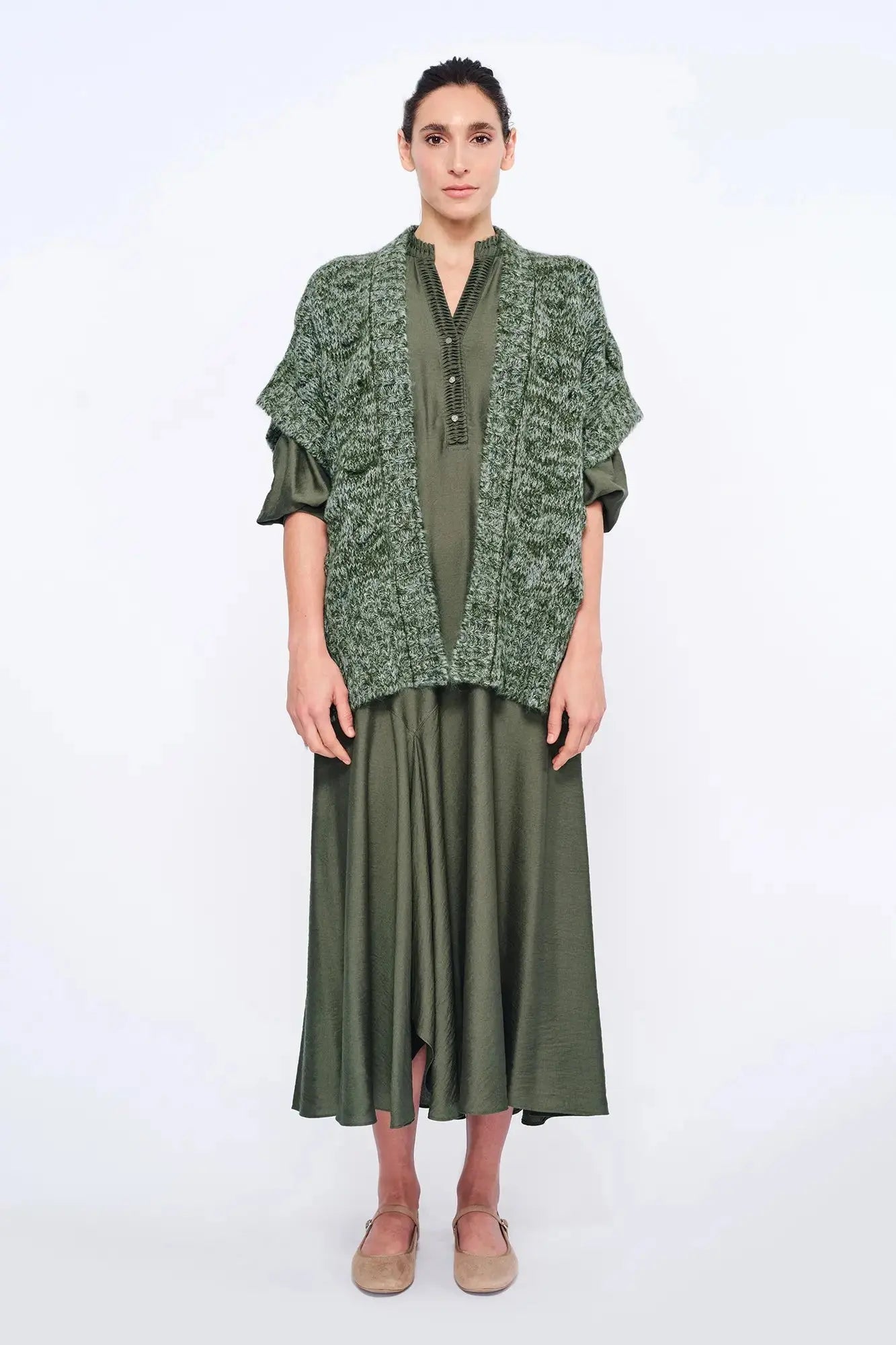 Dayana Alpaca Fringe Poncho | Olive Melange
