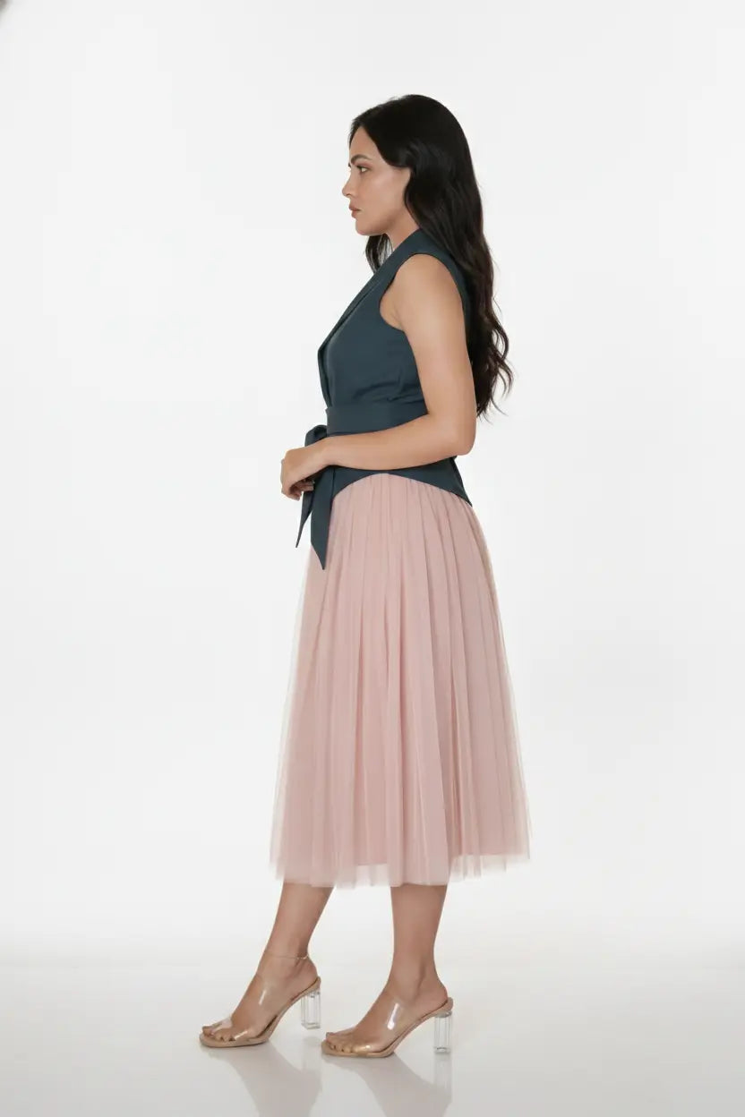 Salmon Pink Skirt & Teal Waist Coat – A Striking Duo