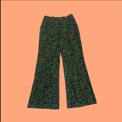Dark Green Flowery Wide Leg Pants