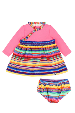 Mixed Up Clothing Long Sleeve Ruffle Trim Dress and Bloomer Set Pink Multicolor Stripe