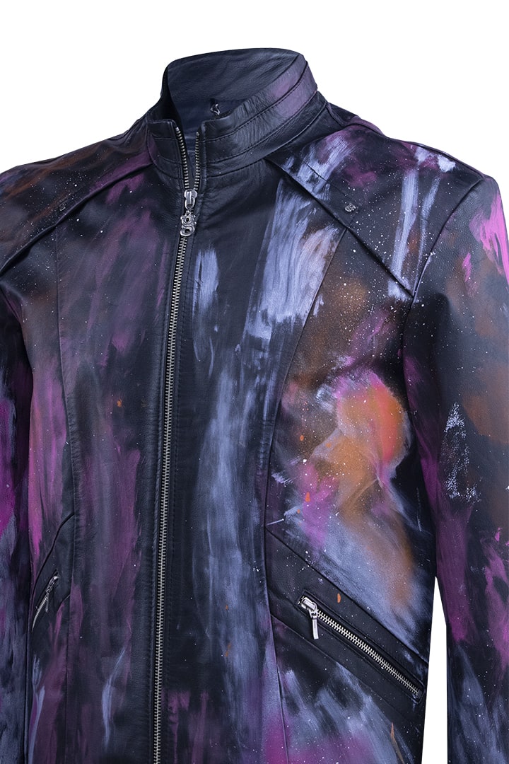 Black leather jacket with paint brushstroke details