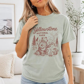 Yellowstone National Park Bear Banjo Camping Graphic T-Shirt | Sage Green Vintage Wildlife Cotton Tee