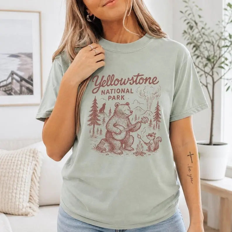 Yellowstone National Park Bear Banjo Camping Graphic T-Shirt | Sage Green Vintage Wildlife Cotton Tee