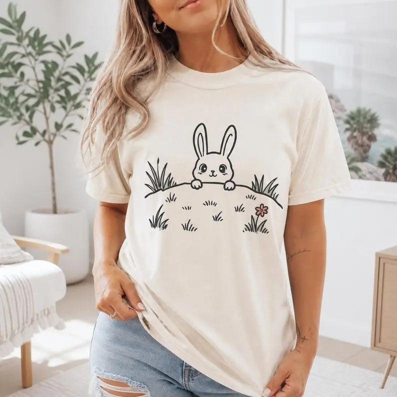Cute Peeking Bunny Meadow Graphic T-Shirt | Ivory Spring Easter Cotton Tee