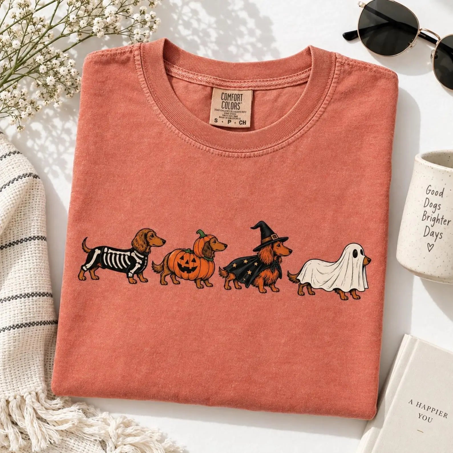 Halloween Dachshund Costumes Graphic T-Shirt | Cute Halloween Dog Terracotta Cotton Tee