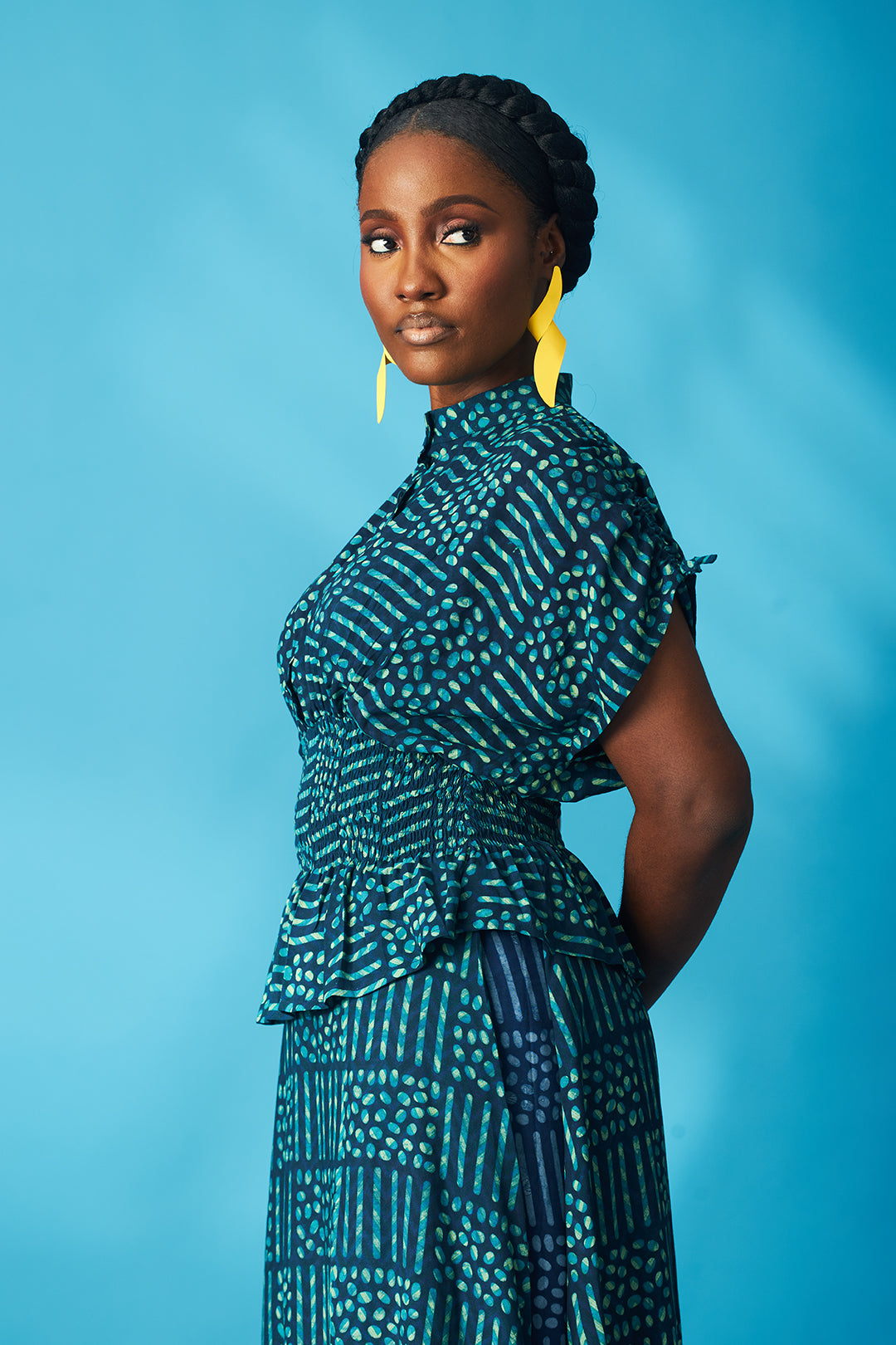 Jelly indigo asymmetric smocked blouse