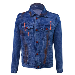 Blue denim jacket with modern car print